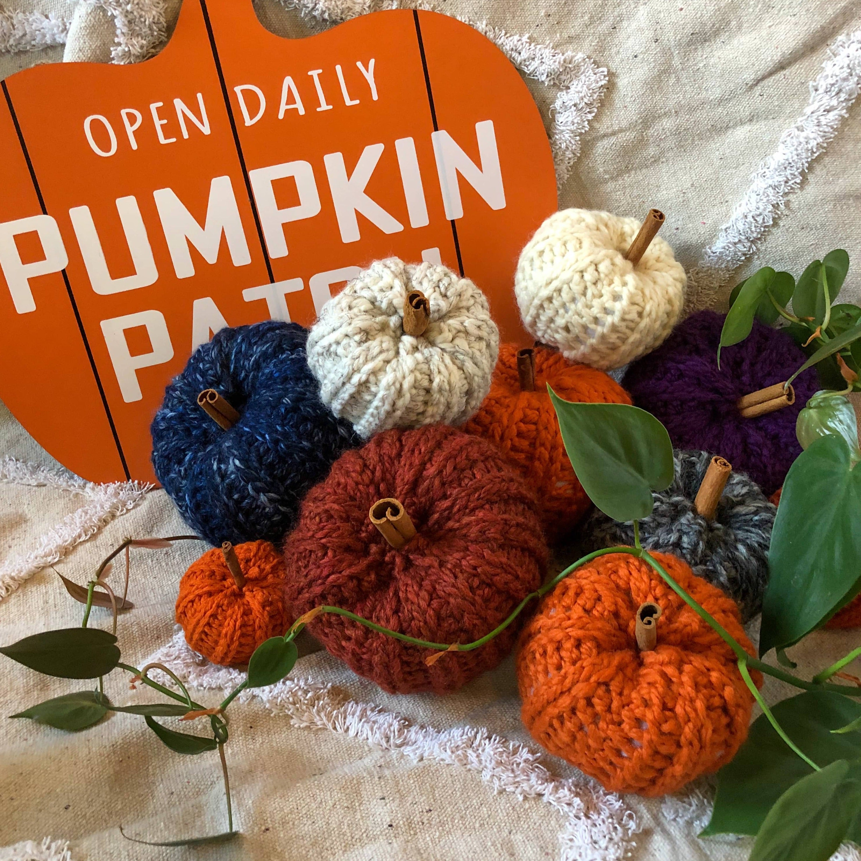 Knit pumpkins in various colors are placed on a rug next to a sign that reads "Open Daily Pumpkin Patch" in the shape of a pumpkin. There is also a plant vine surrounding them.